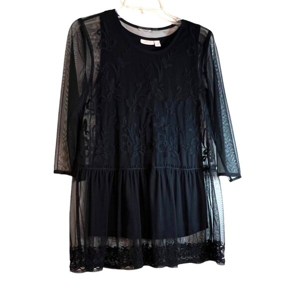 LOGO Lavish Black Sleeveless Cotton Tank w/Sheer Black Lacy Overlay, Size XXS - Picture 1 of 7